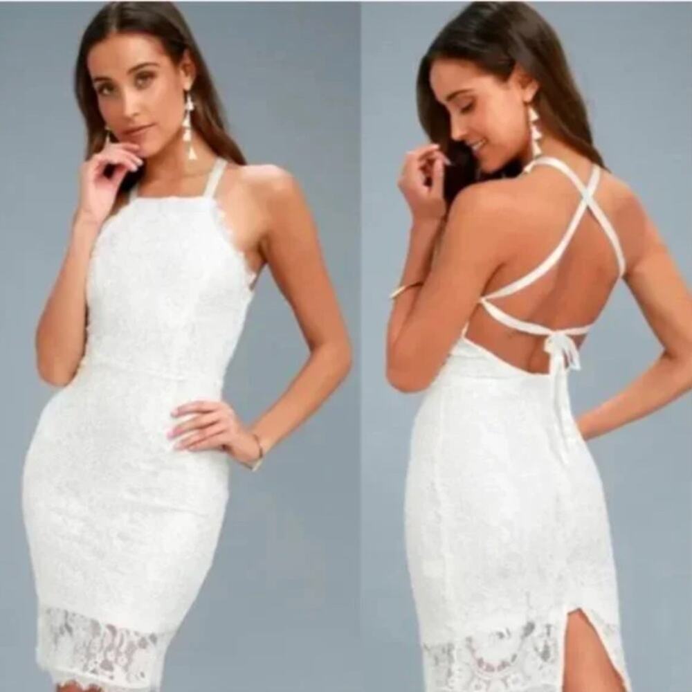 Lulus Wishful Wanderings Dress White Lace Bridal Bodycon Midi Cocktail, S